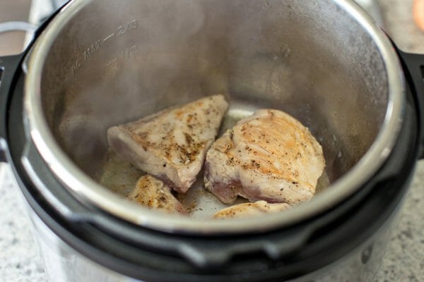 Pressure Cooker Sweet Potatoes with BBQ Chicken sear the chicken