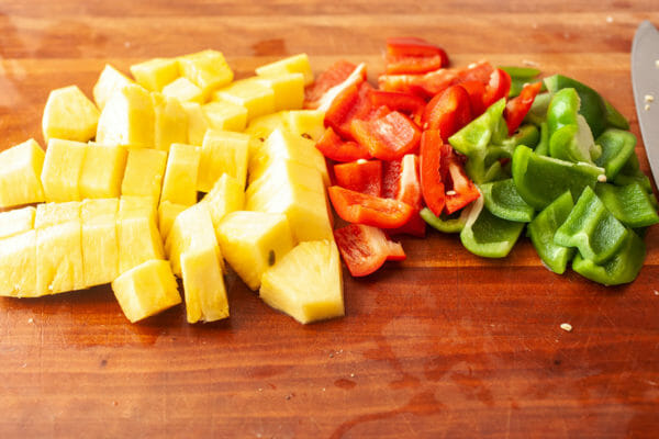 Grilled Pineapple Chicken Kabobs divide the ingredients