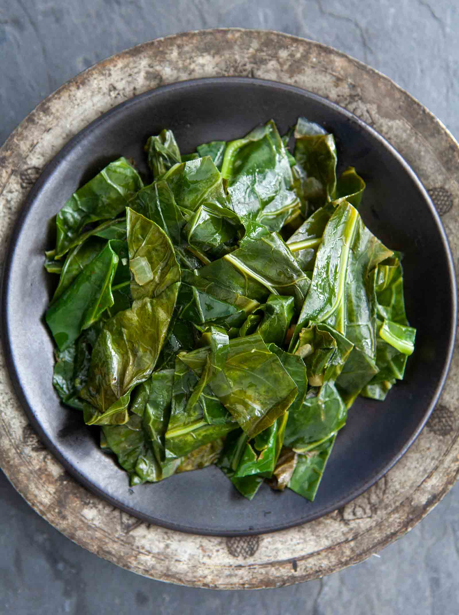 Easy cooked collard greens in a serving plate