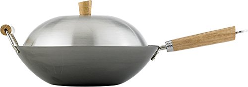 Helen Chen Flat Bottom Carbon Steel Wok with Lid, 14-inch