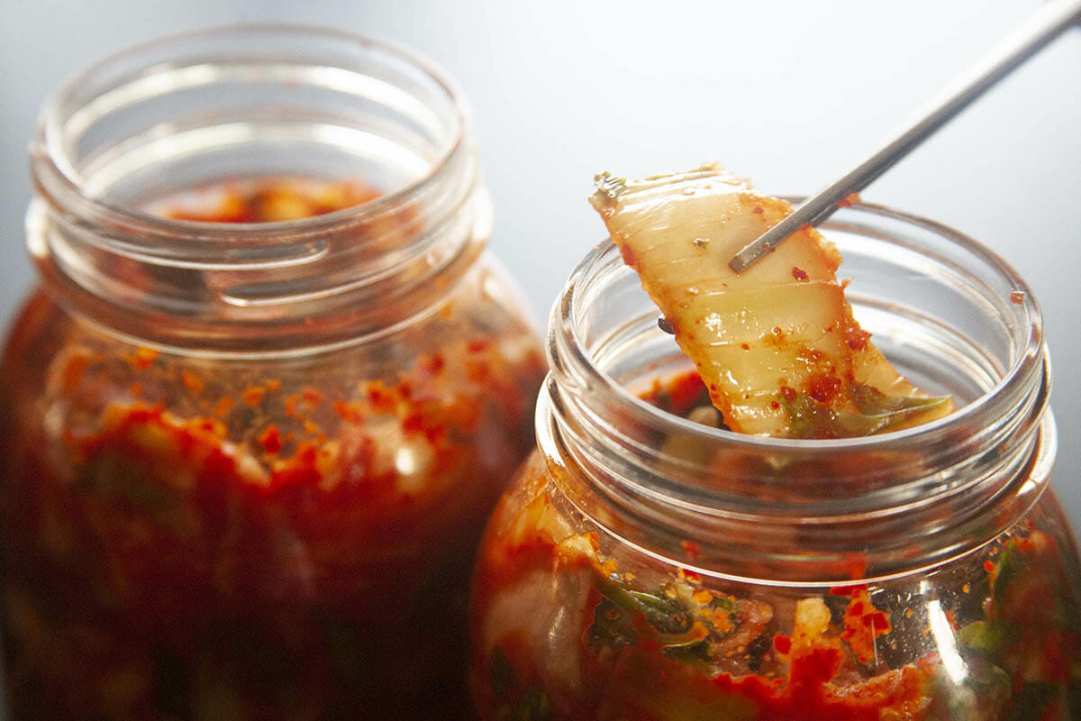 Two jars of Easy Homemade Kimchi with metal chopsticks holding up a piece of it.